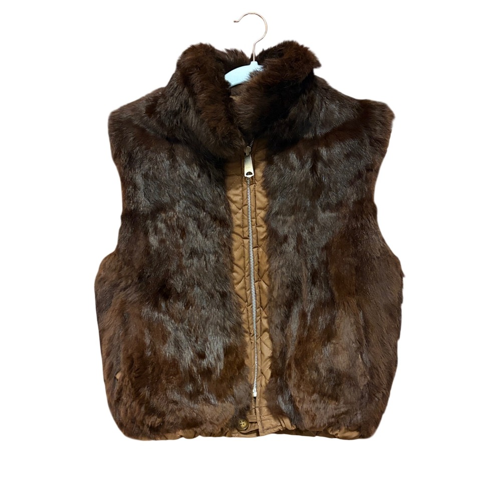 Vintage I. Magnin Brown Rabbit Fur Vest Quilted Lining Zip France Origin SM